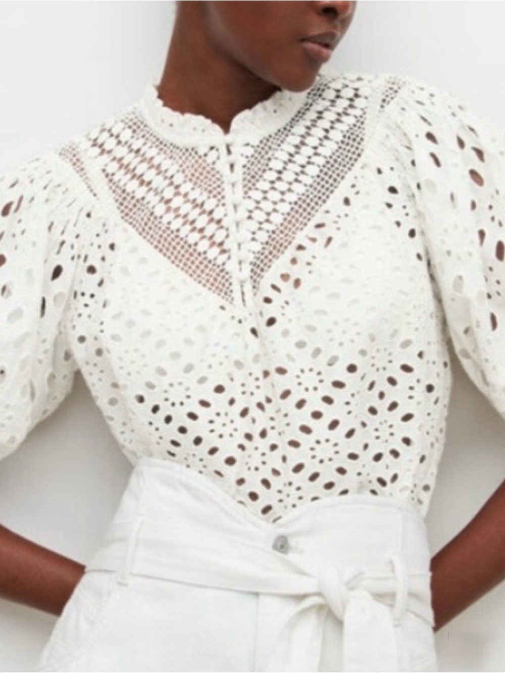 All Saints Tila Broderie White Eyelet Lace Puff-Sleeve Blouse